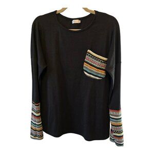 POGTMM BLACK PULLOVER TOP WITH MULTICOLOR ACCENTS SIZE MEDIUM RELAXED POCKET